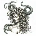 A realistic portrait of Medusa with intricate details of her snake hair and a subtle nod to the client's occupation as a stripper tattoo design idea