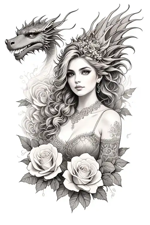 A realistic portrait of a woman surrounded by roses and dragon tattoo design idea