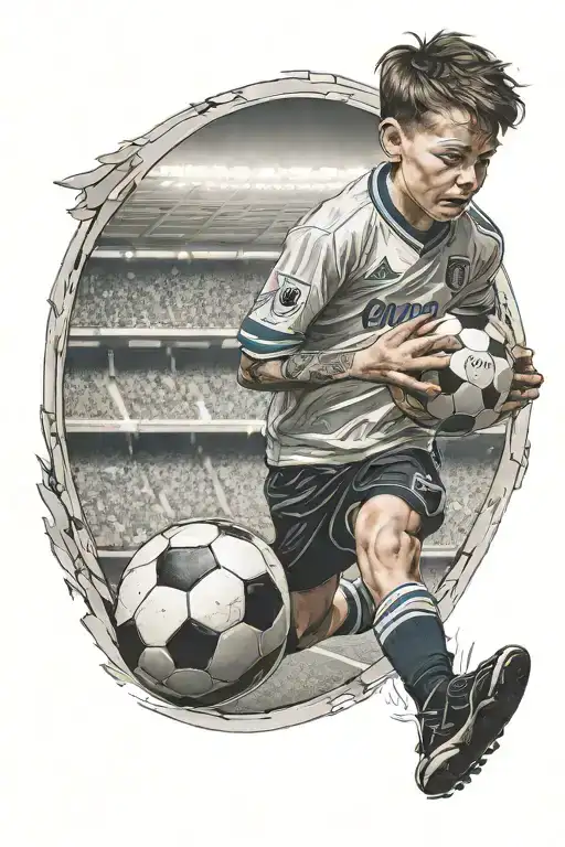 Kid wearing a number 10 t-shirt holding a football in front of a football stadium tattoo design idea