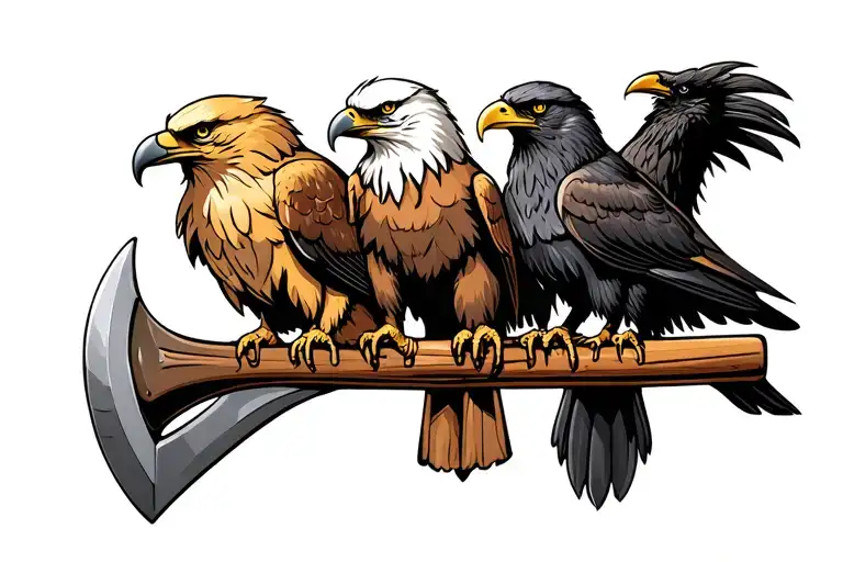 three birds sitting on viking axe. Birds are golden eagle, bald eagle, raven. Nordic tattoo design idea