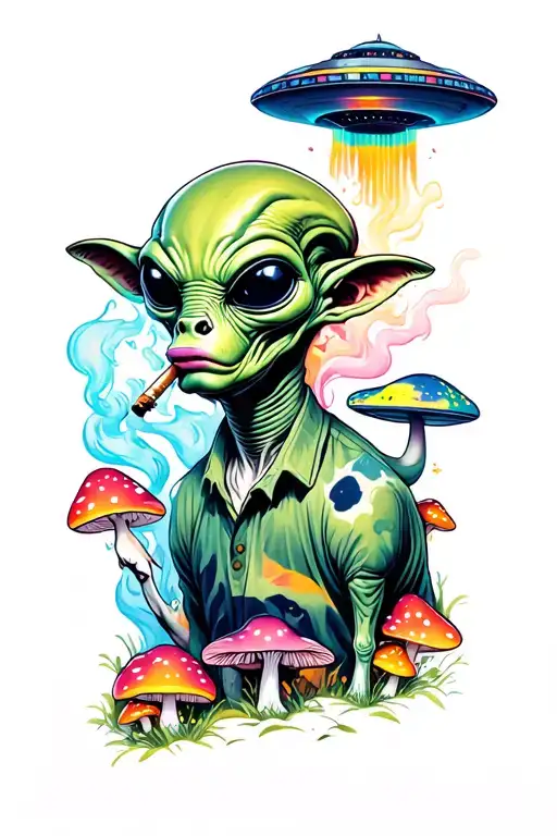 Paul the alien Smoking Blunt with a UFO abducting a cow in the background with colorful mushrooms around Paul  tattoo design idea