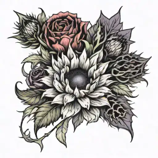 floral tattoo design featuring thistles, dasies, sunflowers, and roses. has special dates on pedals  tattoo design idea