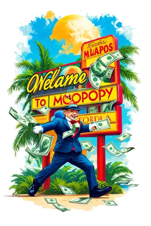 Orlando with the welcome to Florida sign and the monopoly man chasing money in the background  tattoo design idea