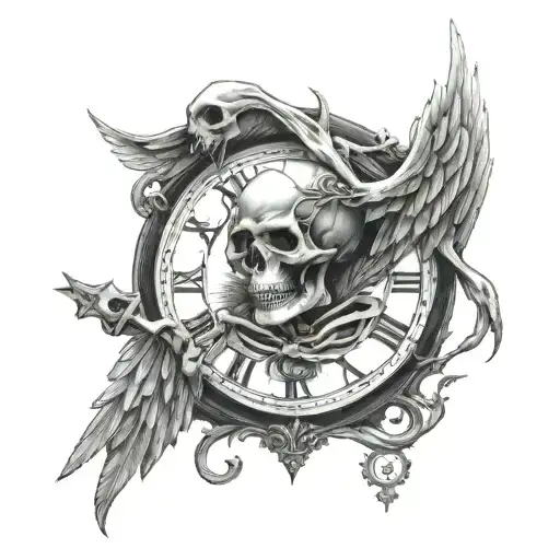 angel of death holdning clock skeleton head tattoo design idea