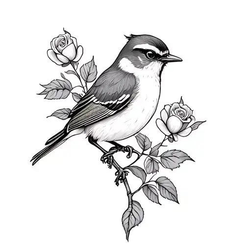wren bird with rose flowers tattoo design idea