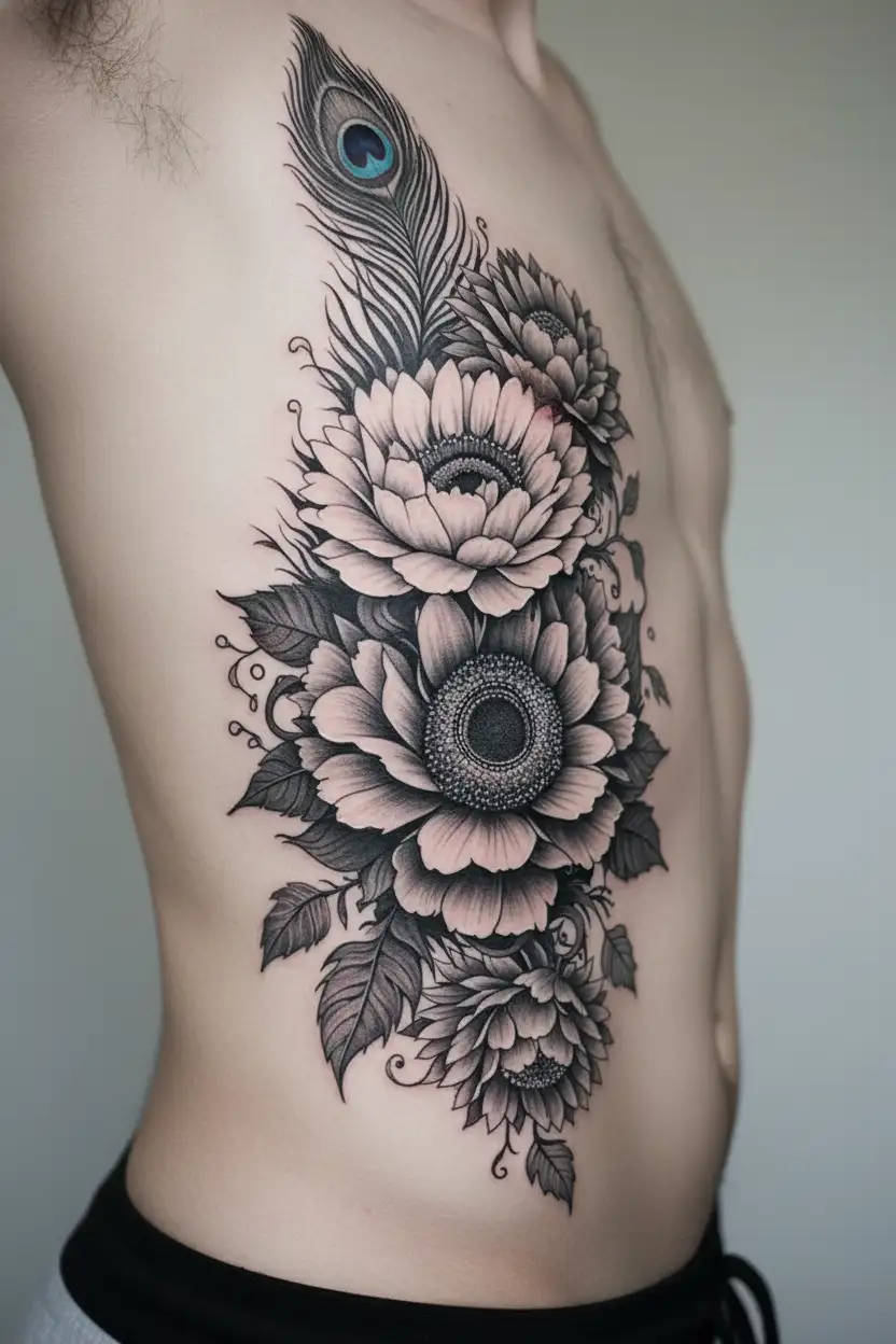 peonies , sunflower, peacock feather intertwined and vine tattoo design idea