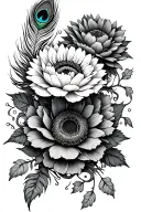 peonies , sunflower, peacock feather intertwined and vine tattoo design idea