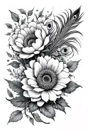 peonies , sunflower, peacock feather intertwined and vine tattoo design idea