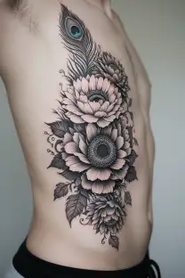 peonies , sunflower, peacock feather intertwined and vine tattoo design idea