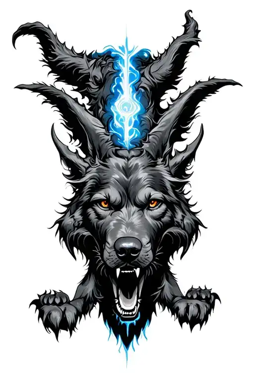 3 headed cerberus tattoo sleeve with hear see speak no evil dark but with blue accents  tattoo design idea