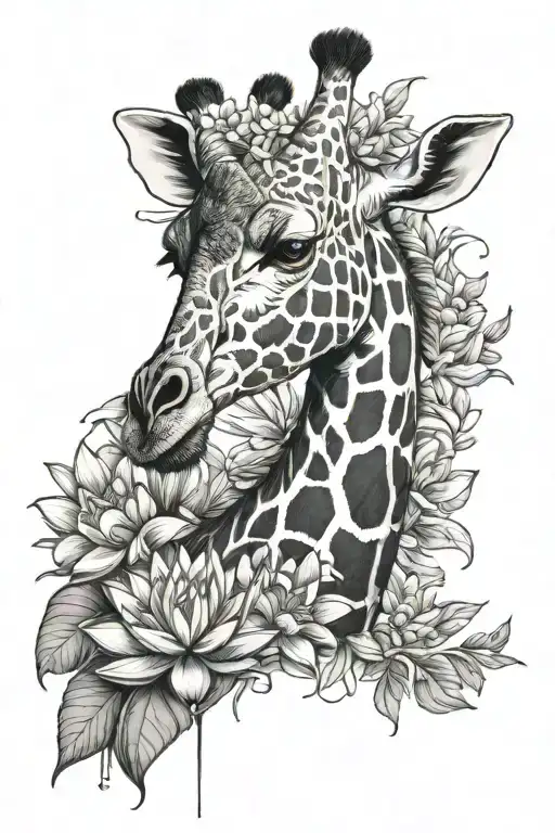 giraffe with water lily and larkspur tattoo design idea