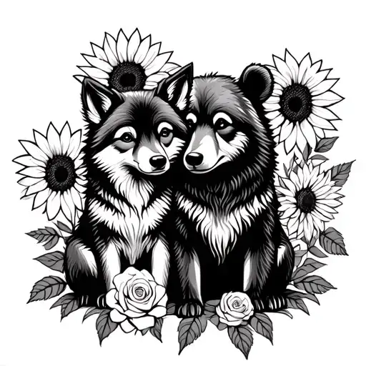  cute baby wolf and bear sitting with sunflowers and roses. black tattoo design idea