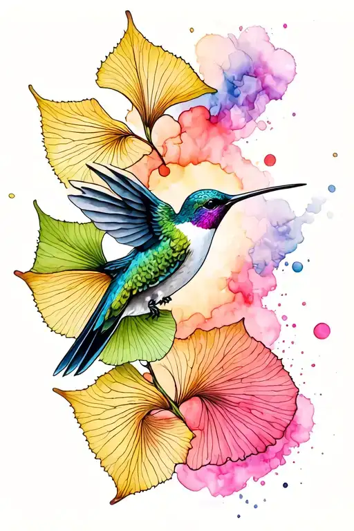 A delicate fine line tattoo design of a hummingbird  next to ginkgo leaves. watercolor splashes around tattoo design idea