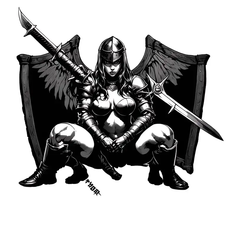 sexy female knight, big breasts, thick thighs, on knees, holding sword, Two arms, Two legs  tattoo design idea