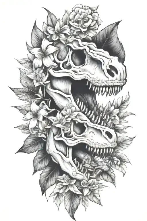 tropical leaves with flowers an T Rex skull tattoo design idea
