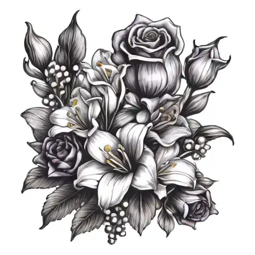  freesia, yellow roses, purple lilac, white Lily of the valley flowers, red  tattoo design idea