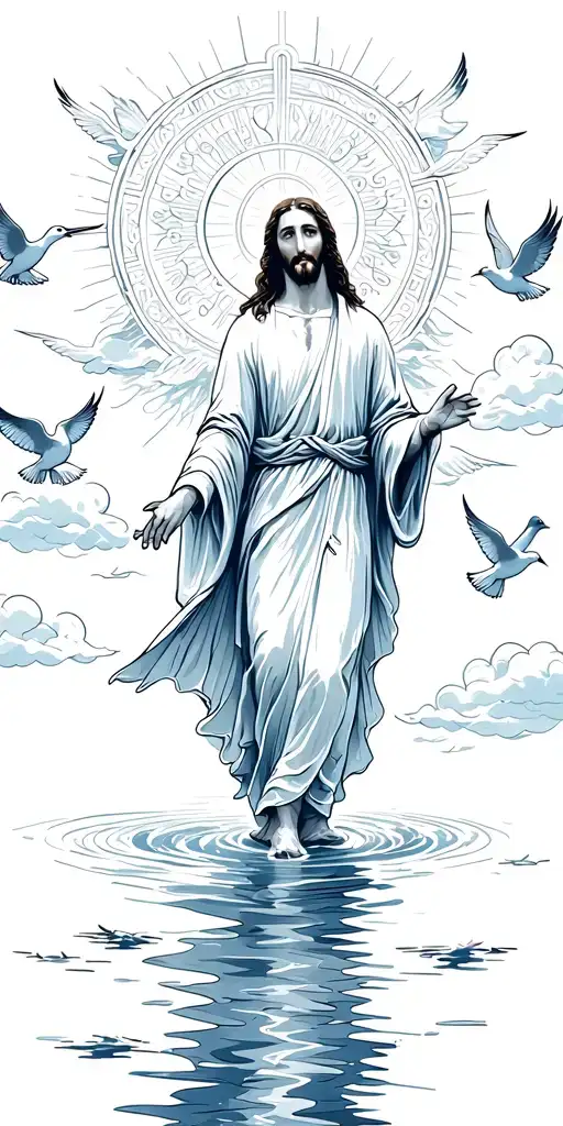heaven Jesus walking on water clouds doves flying and lights tattoo design idea