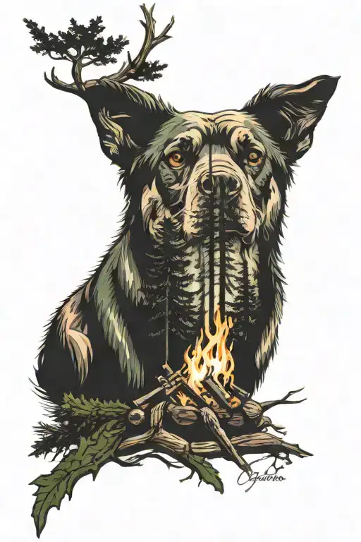 boreal forest w a camp fire and a  tattoo design idea