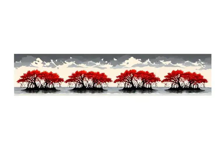 red mangroves in line next to each other, naturally accurate root systems showing, no color tattoo design idea