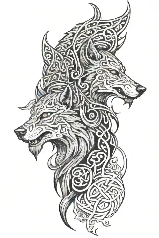 vikings, with a wolf head, with viking symbols incorporated tattoo design idea