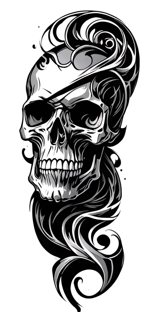 skull bio mechanical sleeve with swirls and tribalism black and grey high concept art tattoo design idea