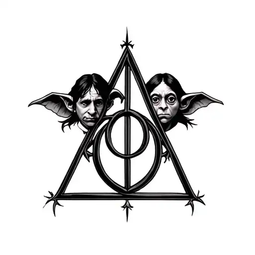 the deahtly hallows sign of harry potter with the faces of severus snape and dobby the house elf verry detailed  tattoo design idea