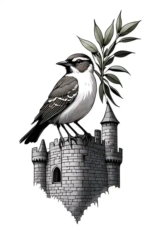 lark holding an olive branch sitting on castle tattoo design idea