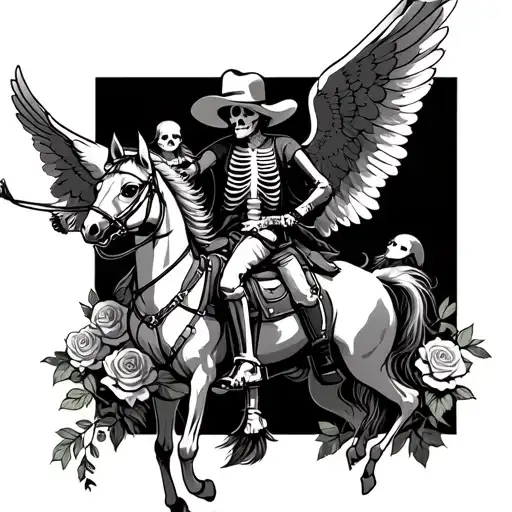badass cowboy skeleton riding horse on upper arm. Angel guarding kids with roses and doves tattoo design idea