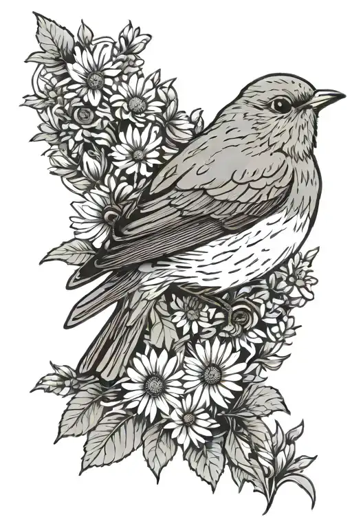 Bird robin one flower daisy very fine line tattoo design idea