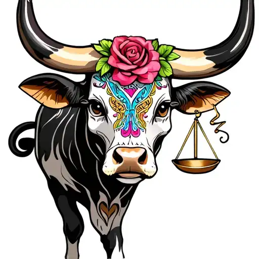 feminine bull with sugar skull markings, brown eyes and 2 Libra scales and dark background tattoo design idea