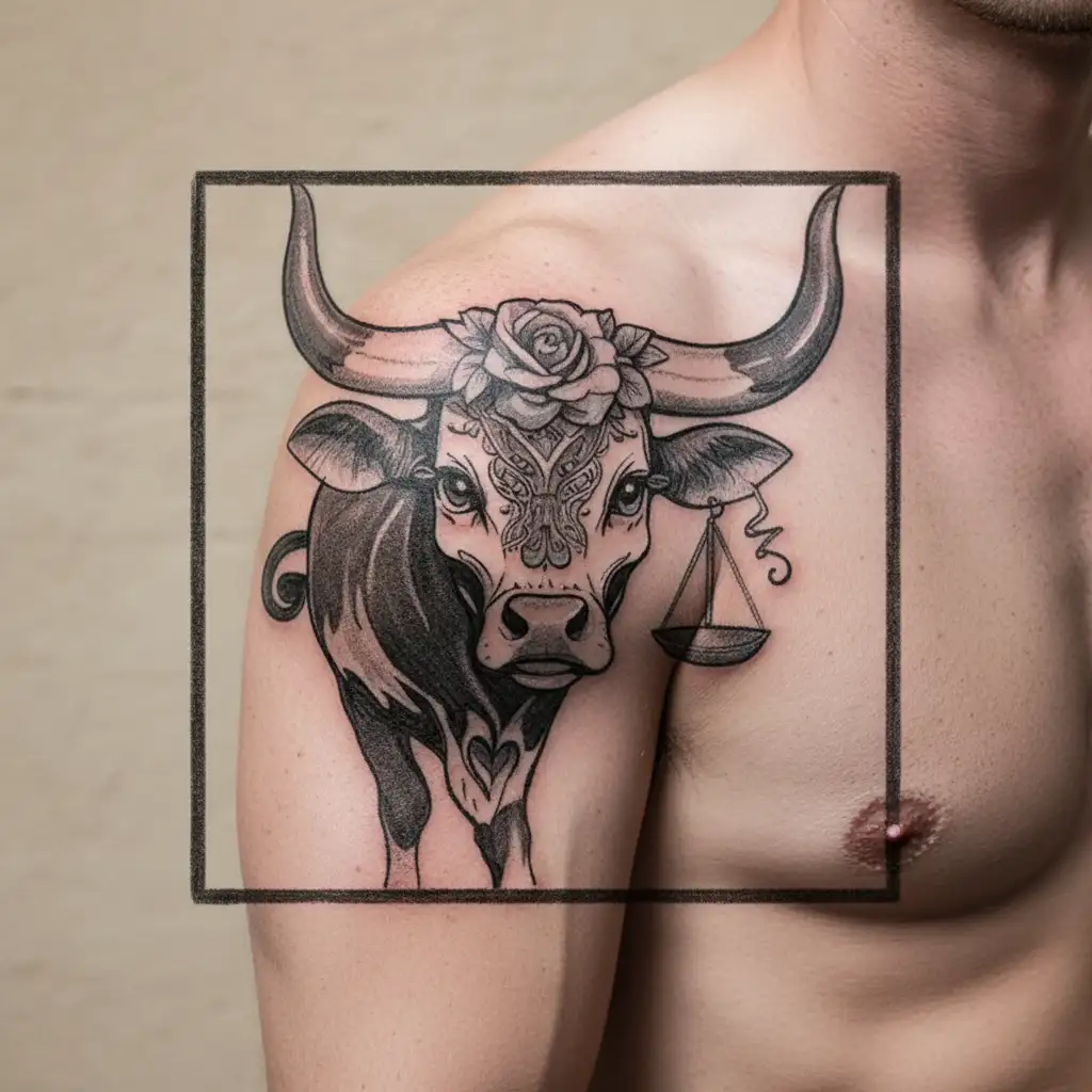 feminine bull with sugar skull markings, brown eyes and 2 Libra scales and dark background tattoo design idea