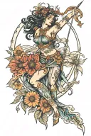 Sagittarius goddess surrounded by Indian blanket flowers tattoo design idea