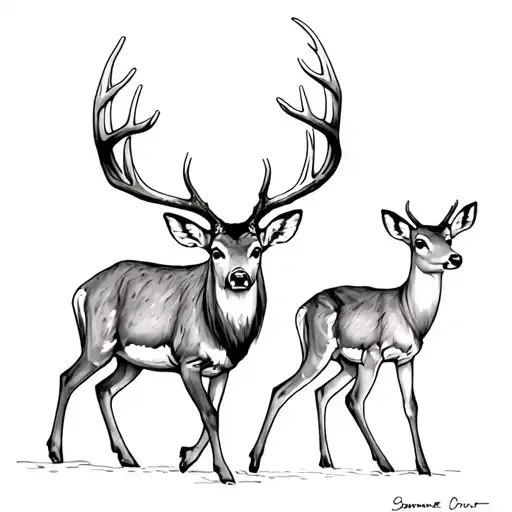whitetail buck and baby doe walking tattoo design idea