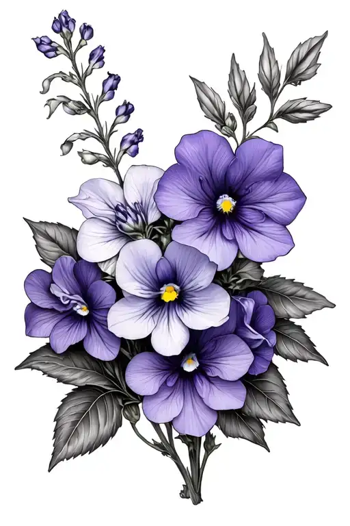 delphinium and african violet intertwined tattoo design idea