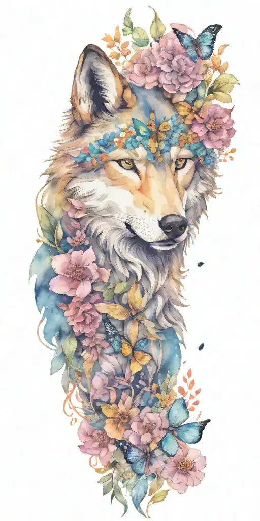 mama wolf head with flowers and butterflies  tattoo design idea