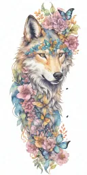 mama wolf head with flowers and butterflies  tattoo design idea