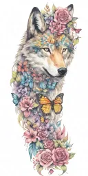 mama wolf head with flowers and butterflies  tattoo design idea