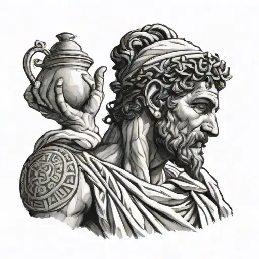 greek man with a short amount of water in hand tattoo design idea