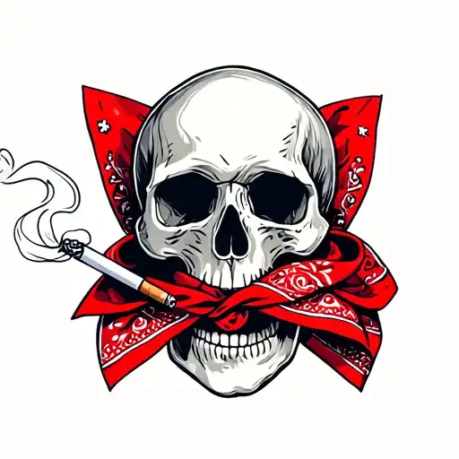 red bandana wrapped around a skull smoking a cigarette tattoo design idea
