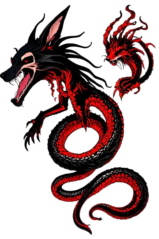 Make a TatTU print in the Horror style where the black skeleton of the fox fights with a red demonic snake, which in some tattoo design idea