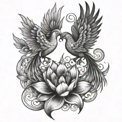 Phoenix and lotus in black and white drawing tattoo design idea