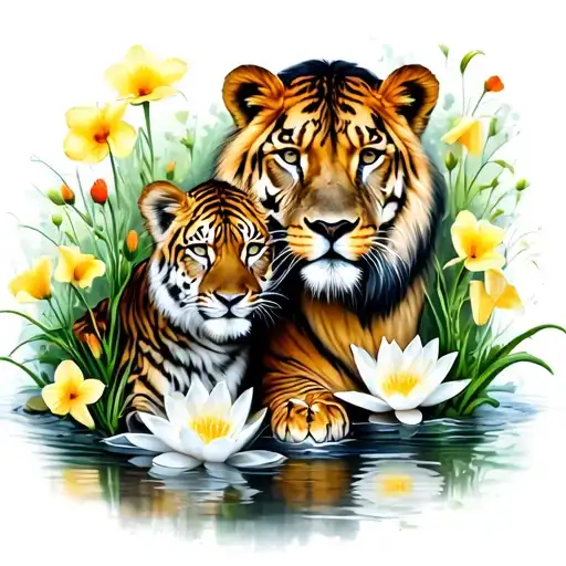 Lioness protecting a cub and a tiger cub with poppies, water lily's and daffodil  tattoo design idea