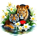 Lioness protecting a cub and a tiger cub with poppies, water lily's and daffodil  tattoo design idea