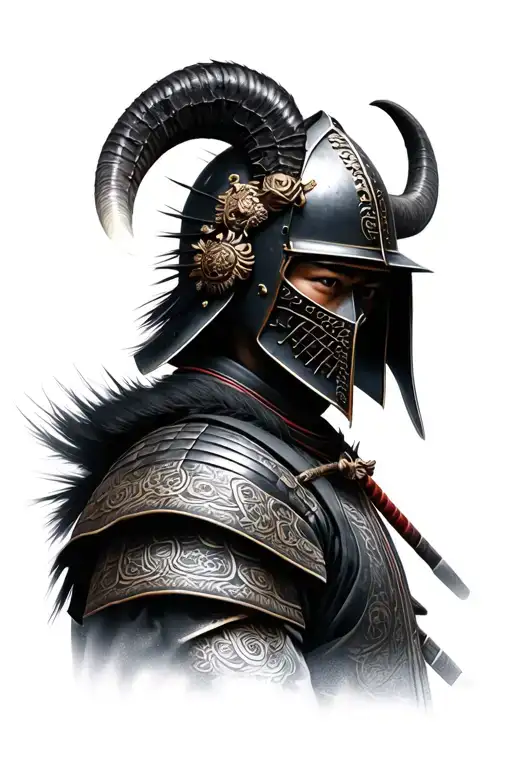 photo realistic ronin samurai warrior wearing a kabuto helmet with decorative maedate horns tattoo design idea