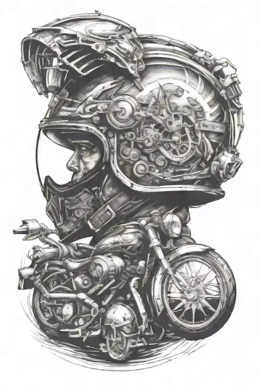 Create a Tatoo that represents freedom by integrating a biker with an Agv mark helmet. add le mont blanc tattoo design idea