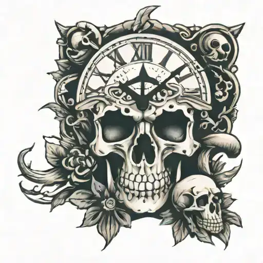clock cross skull mushrooms tattoo design idea