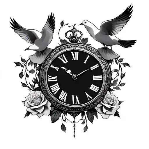 roses doves flying clock surrounded tattoo design idea
