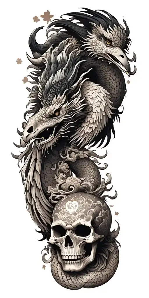 Chinese dragon and phoenix and skull and moon and raven tattoo design idea