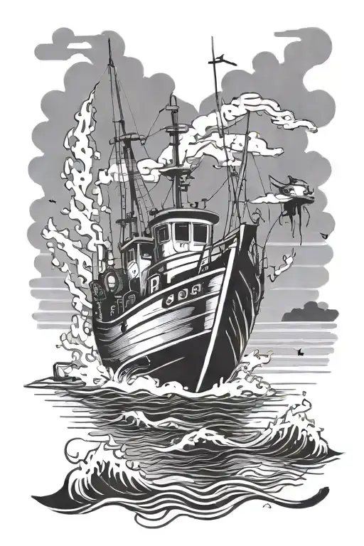 fishing boat motoring tattoo design idea