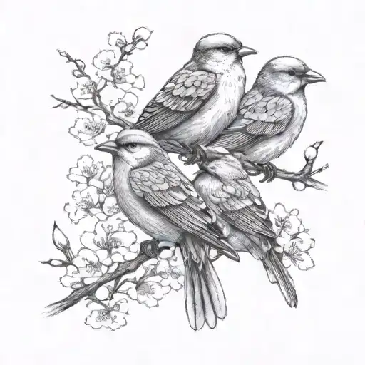 A tattoo of a father, husband, and lover symbolized by three birds perched on cherry blossoms tattoo design idea